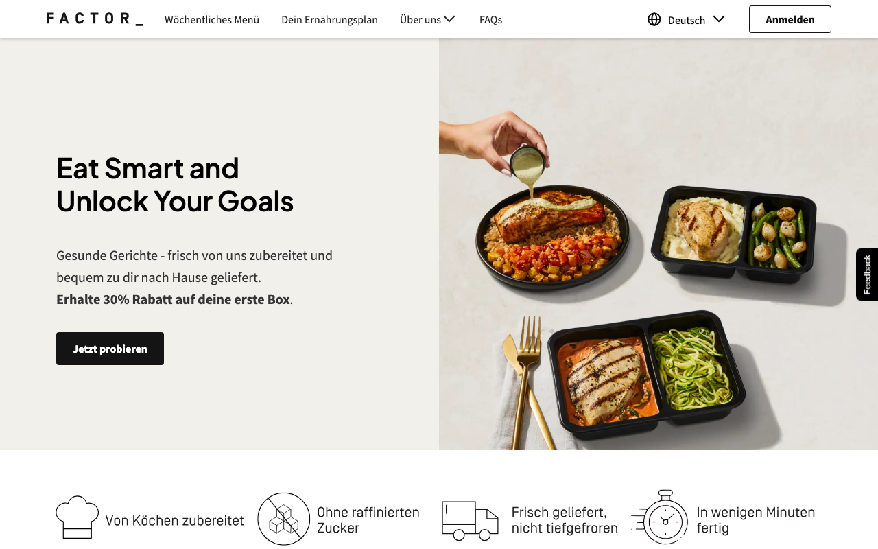 Factor.de Website-Screenshot 2026 - Startseite mit Ready-to-Eat Mahlzeiten