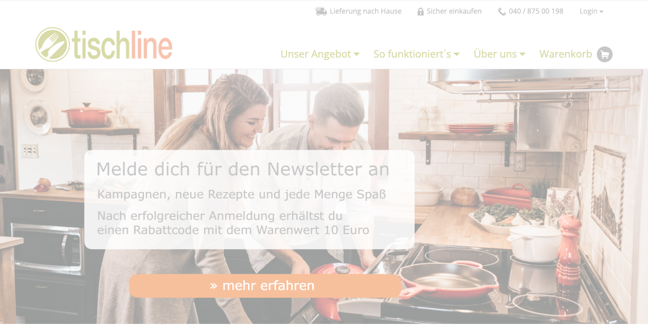 Tischline.de Website-Screenshot 2026 - Startseite mit Navigation und Newsletter-Anmeldung