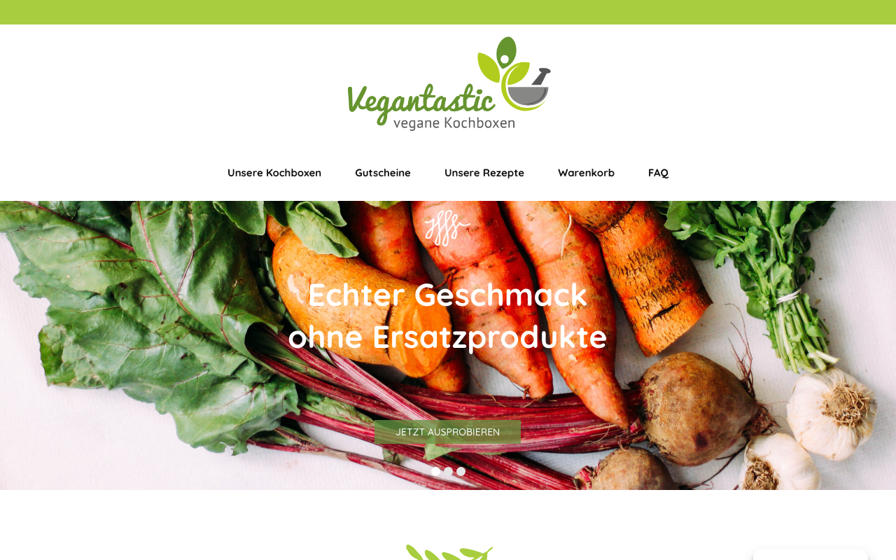 Vegantastic.de Website-Screenshot 2026 - Startseite mit veganem Kochbox-Angebot und Slogan Echter Geschmack ohne Ersatzprodukte