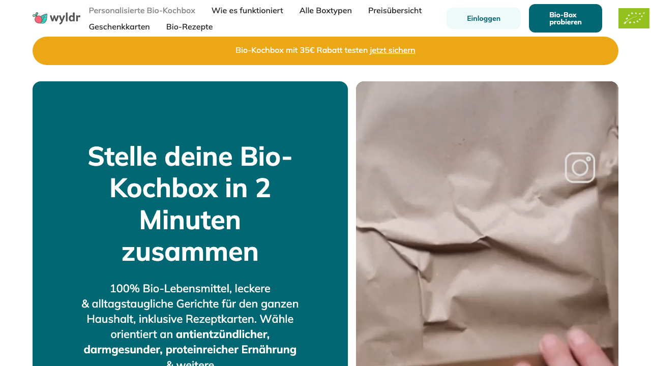 Wyldr-bio.de Website-Screenshot 2026 - Startseite mit Personalisierungs-Konfigurator und Preis ab 4,11 Euro pro Bio-Mahlzeit