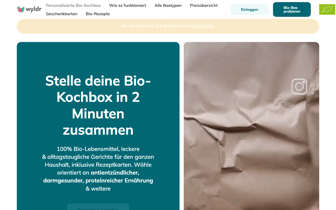 Wyldr Bio-Kochbox Website Screenshot