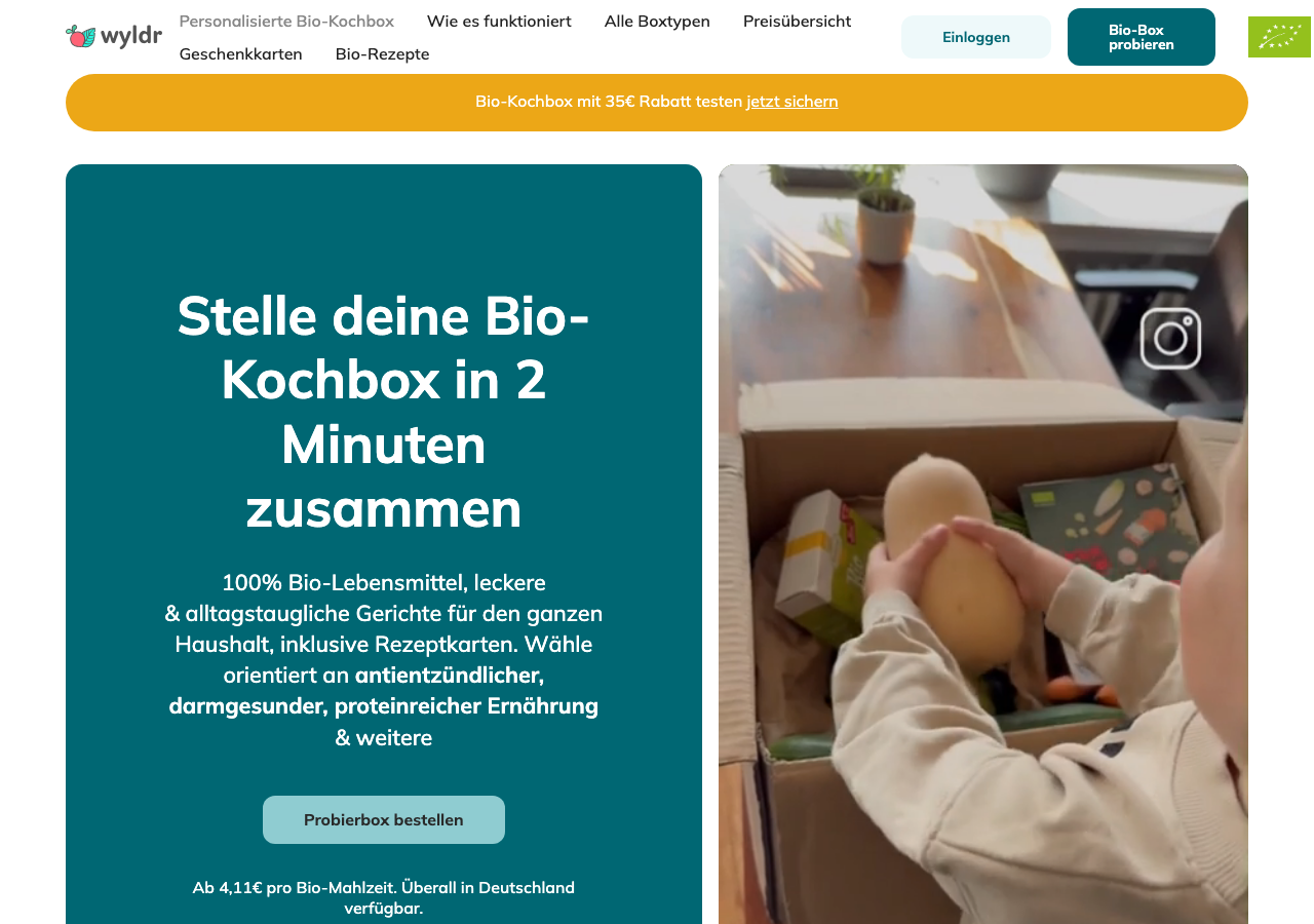 Screenshot der wyldr.de Startseite mit dem aktuellen Preis von 4,11 Euro pro Bio-Mahlzeit