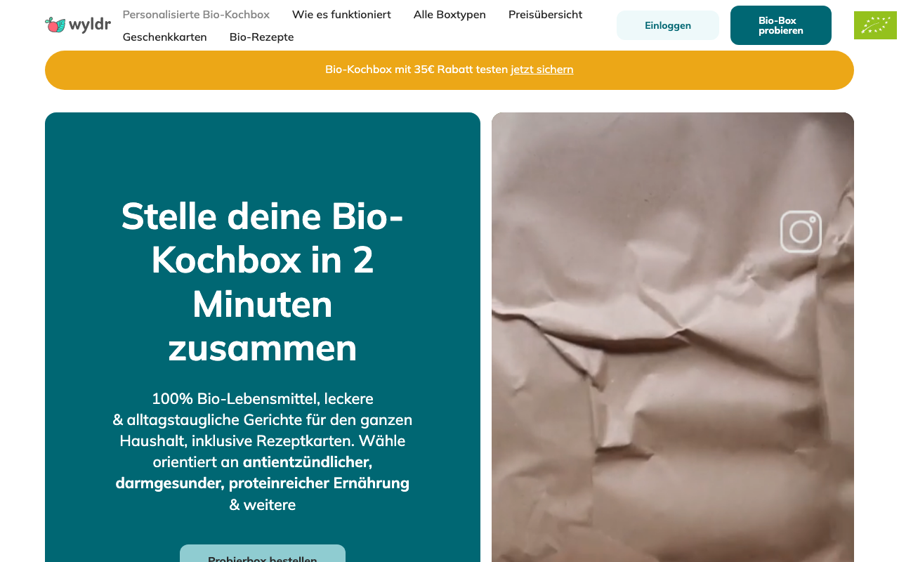 Wyldr Bio-Kochbox Website – personalisierte Bio-Rezepte