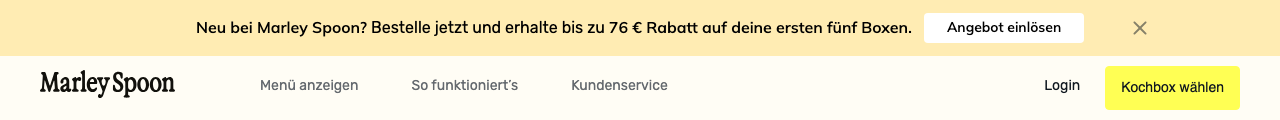 Aktuelles Marley Spoon Neukundenangebot: bis zu 76 Euro Rabatt auf die ersten fünf Boxen, Screenshot der Startseite Juli 2026
