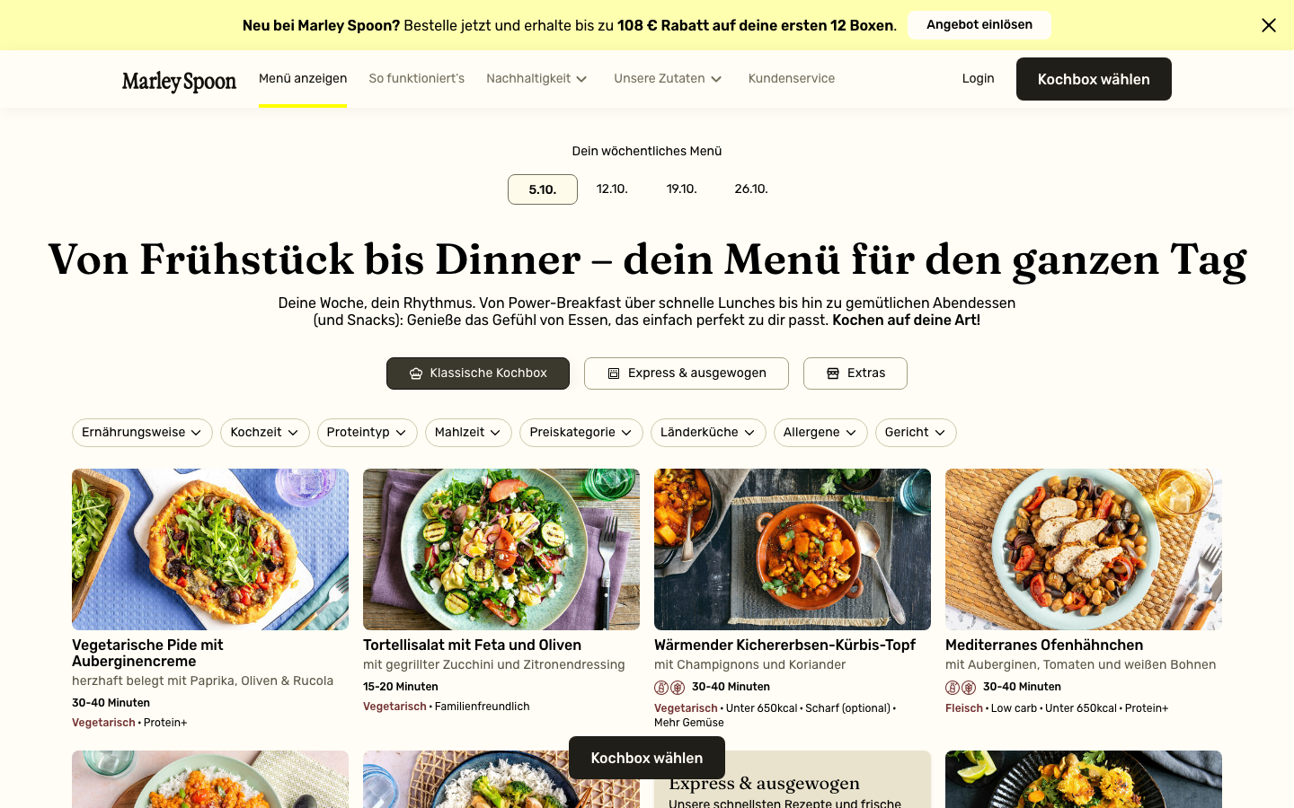 Marley Spoon Menü 2026: Klassische Kochbox mit Filterleiste