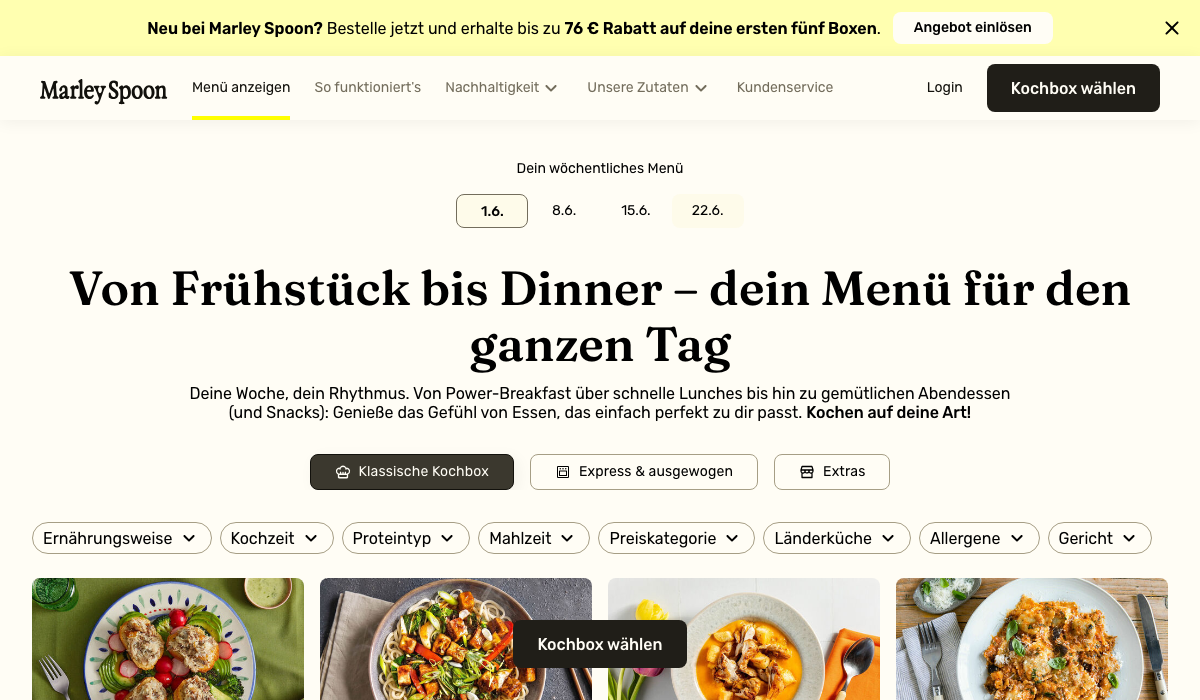 Marley Spoon Menue 2026: Von Fruehstueck bis Dinner mit Filterkategorien