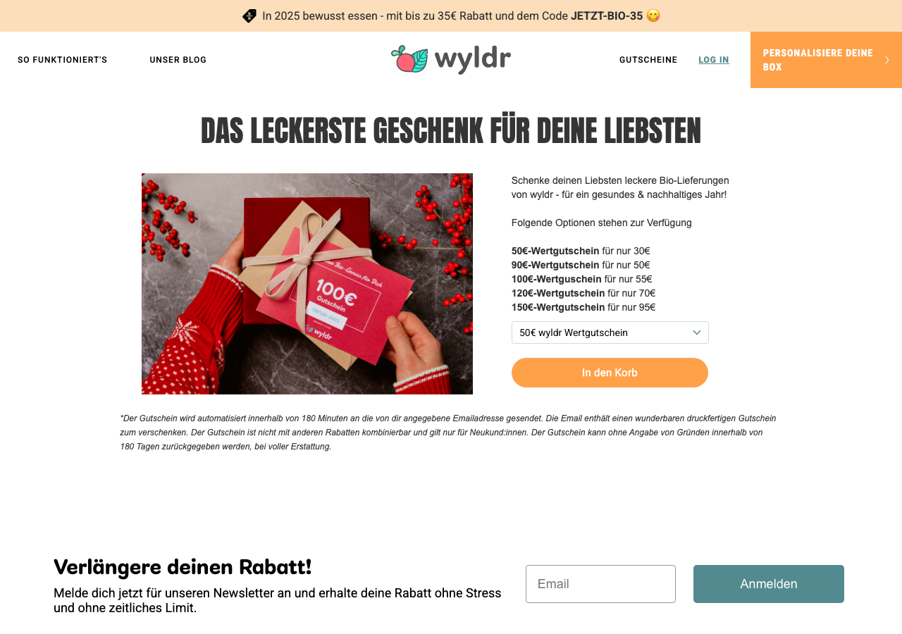 Wyldr Geschenkgutschein-Seite auf wyldr-bio.de - Werte von 15 bis 150 Euro