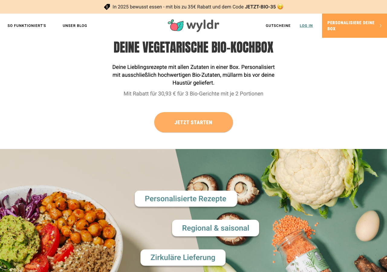 Wyldr vegetarische Bio-Kochbox - Produktseite mit Preisangabe